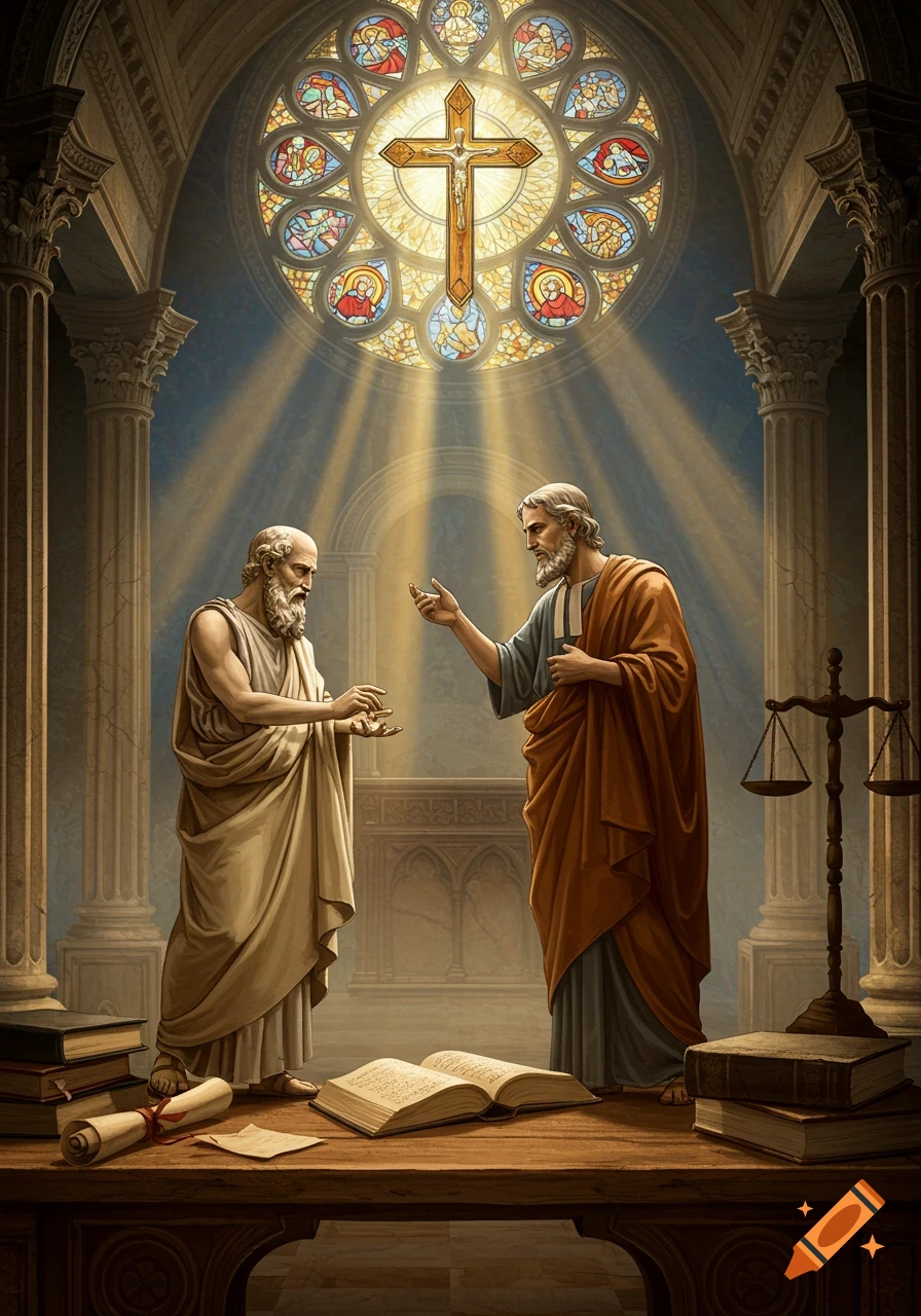Two robed men discuss in a grand church with a stained-glass cross window, books, and scales on a table, bathed in golden light.