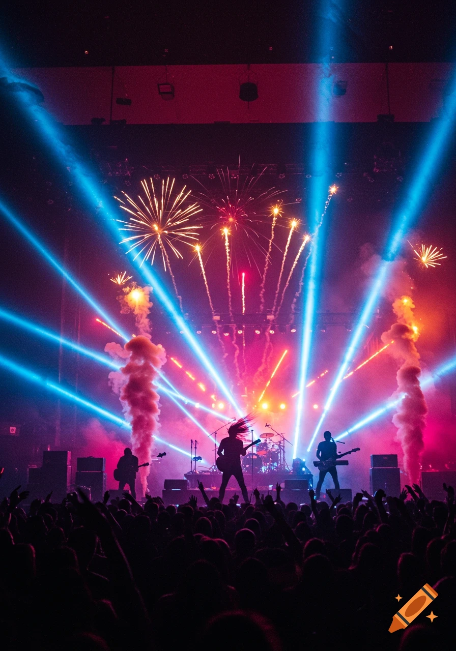 Silhouetted rock band performs on stage amidst a spectacular light show, smoke, and vibrant fireworks, with a cheering crowd.