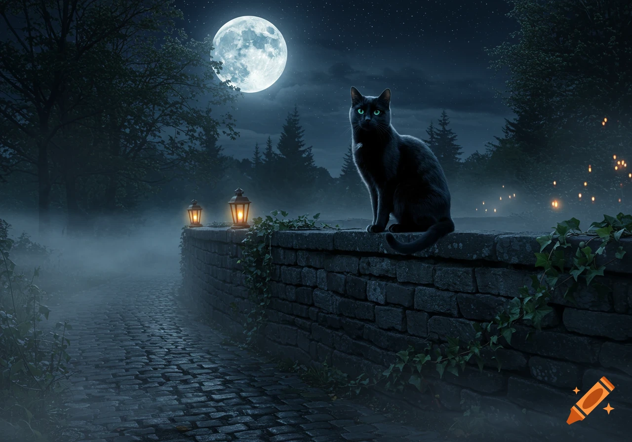A black cat with bright green eyes sits on a stone wall under a large ...