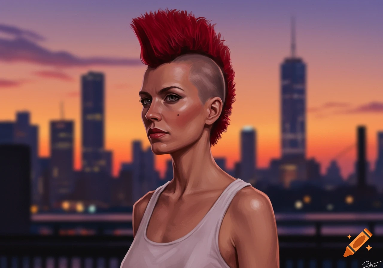 Stylized digital art portrait of a woman with a red Mohawk and white tank top, set against a sunset cityscape.