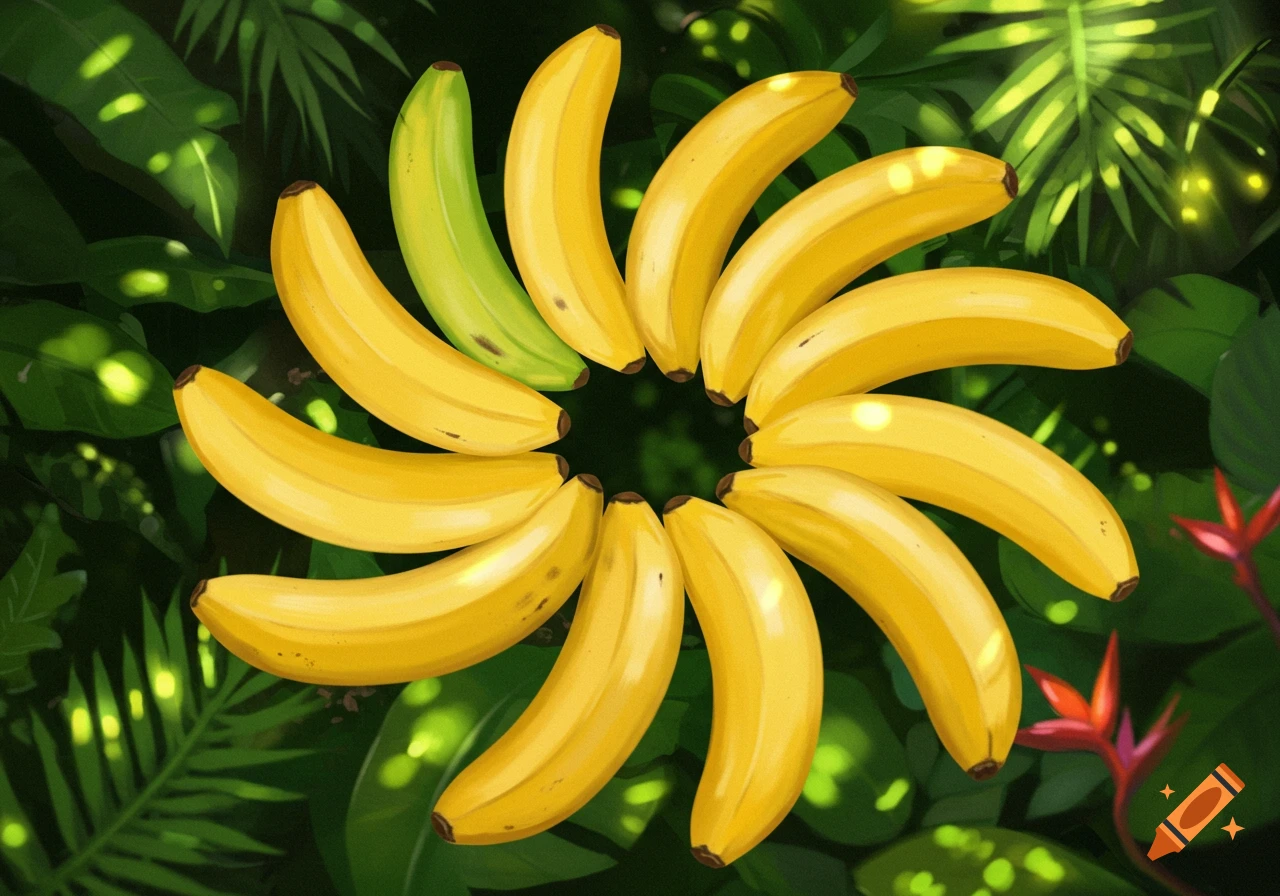 Twelve bananas, one green and eleven yellow, arranged in a circle against a dark green jungle background with glowing leaves.