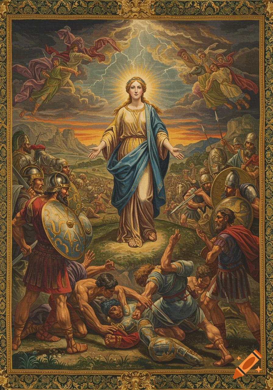 A classical tapestry showing a central robed female figure with a halo, arms outstretched, amidst a battle scene, with angels in the sky.