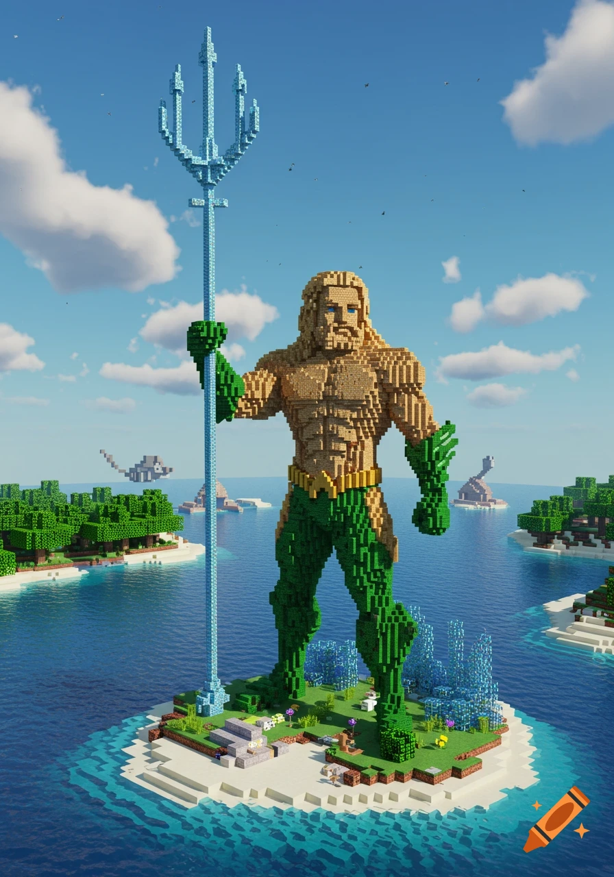A giant blocky Aquaman statue holding a trident stands on a small island in a Minecraft-style world under a blue sky.