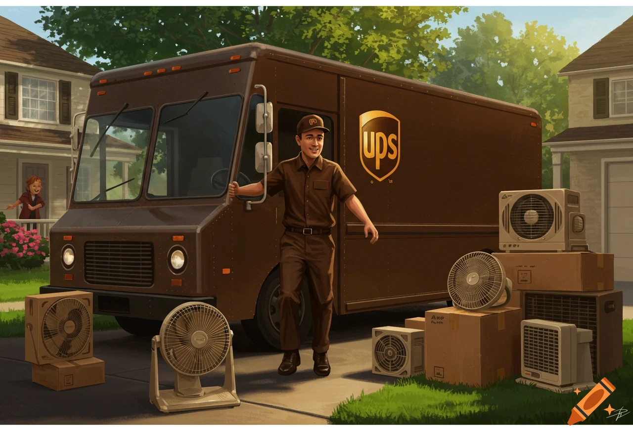 A smiling UPS driver stands next to his brown delivery truck, surrounded by numerous box and pedestal fans being delivered to a suburban home.