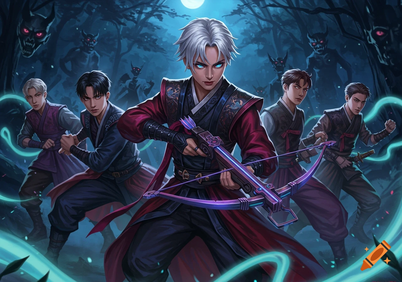 A group of stylized Kpop-aesthetic male demon hunters, one with a glowing crossbow, confronting shadowy horned demons in a dark forest under a full moon.