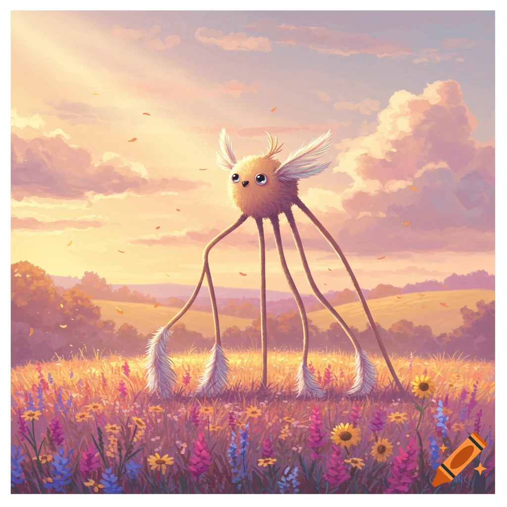 A whimsical, furry creature with large eyes and long legs stands in a field of colorful wildflowers under a warm, cloudy sunset sky.