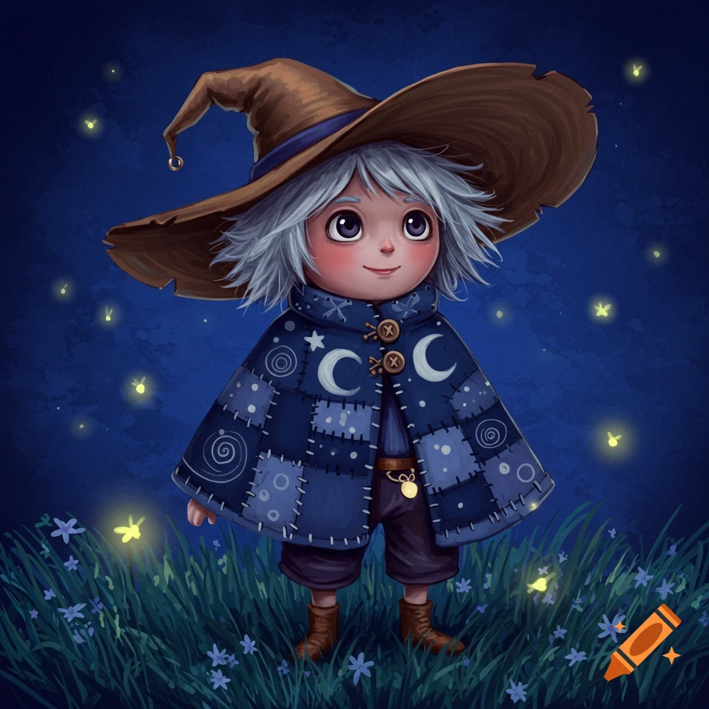 A whimsical illustration of a witch child with white hair, brown hat, and blue patchwork cape, standing in a grassy field with fireflies at night.