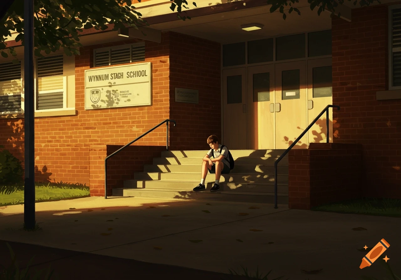 An anime-style illustration of a sad boy in a white polo and shorts sitting alone on the steps outside a brick school building, bathed in warm sunlight.