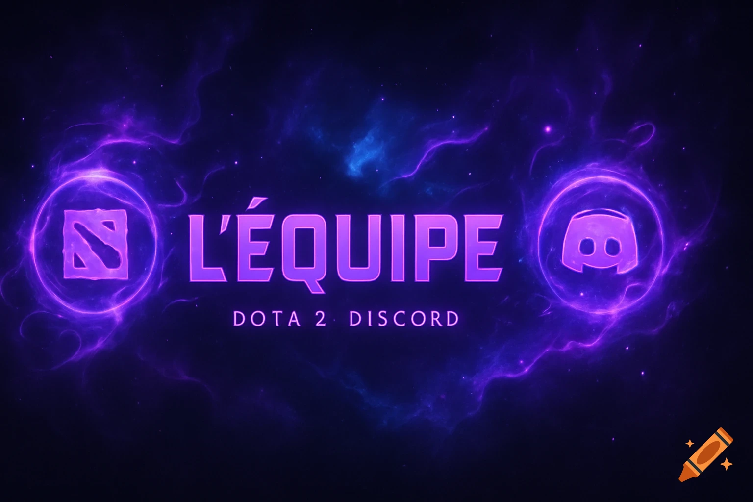 A purple and violet esports banner for L'ÉQUIPE, a Dota 2 Discord community, featuring glowing logos and mystical energy against a dark background.
