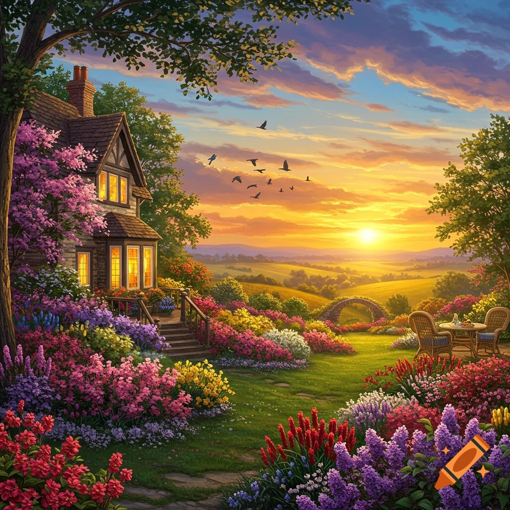 Vibrant landscape with a cottage, colorful flower gardens, and birds flying against a bright orange sunset sky.