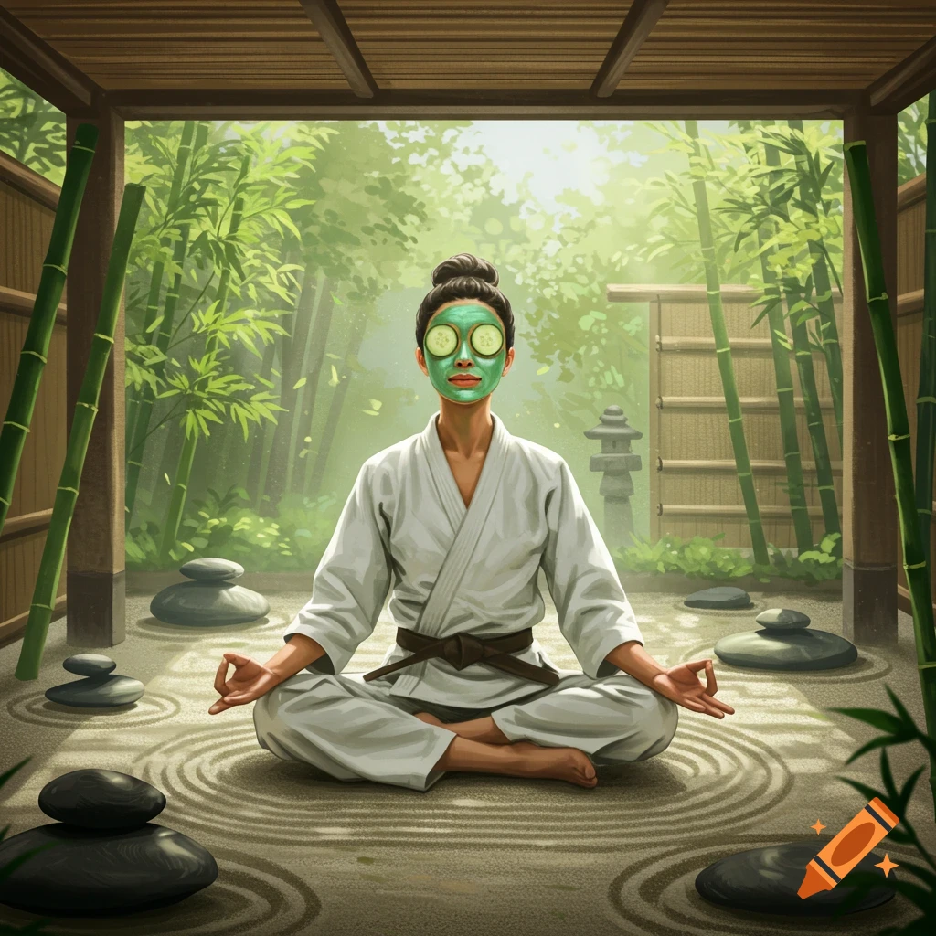 A woman in a white gi with a green face mask and cucumber slices on her eyes meditates in a zen garden with bamboo and raked sand.