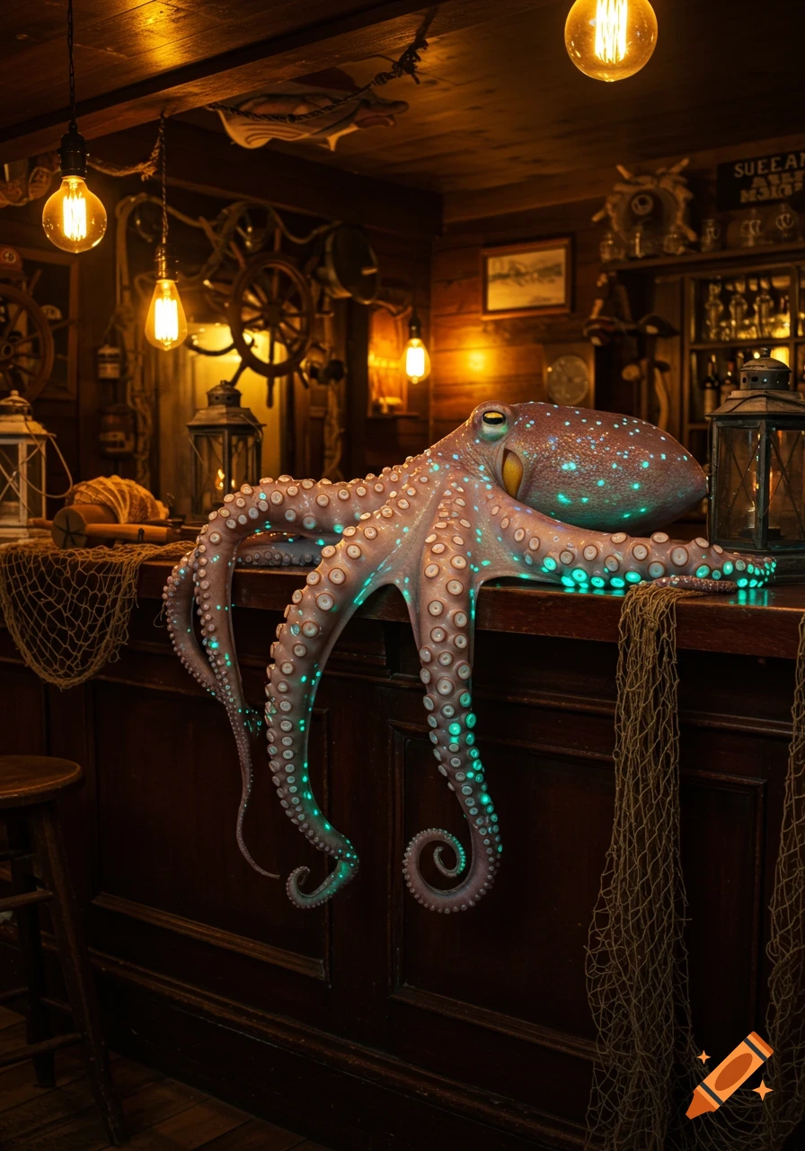 A glowing bioluminescent octopus rests on a dark wooden bar counter in a dimly lit, nautical-themed pub with hanging Edison bulbs.