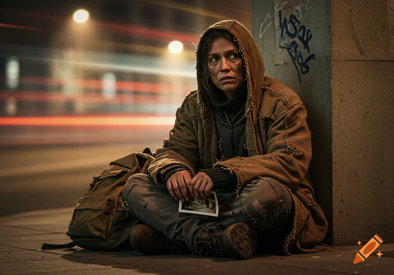 A person in a hooded, worn jacket sits on a city street at night, holding a photo, with blurred lights and graffiti in the background.