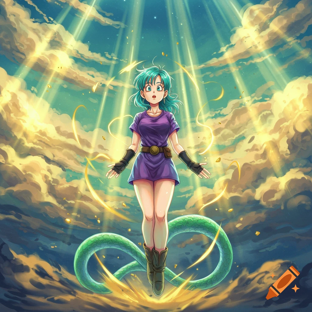 Anime illustration of Bulma from Dragon Ball, floating in the sky amidst clouds and sunbeams, with a green serpentine tail.
