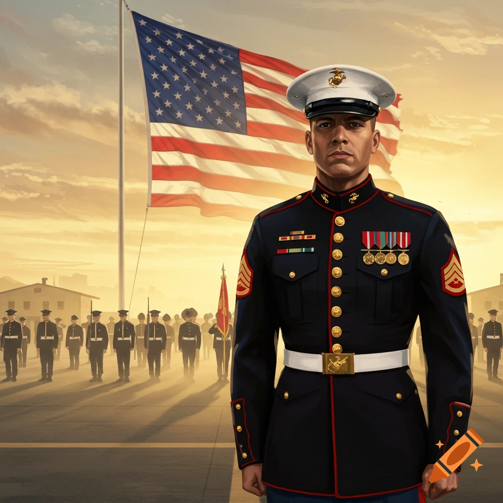 A Marine in dress uniform stands solemnly before a large American flag with other Marines in the background at sunset.