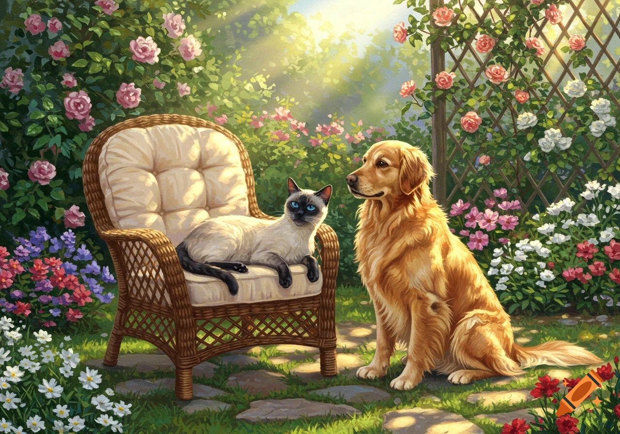 A Siamese cat sits on a wicker chair next to a golden retriever in a lush, painterly garden filled with colorful flowers.