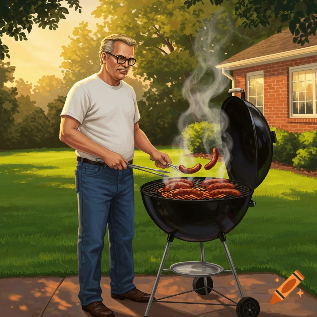 An older man wearing glasses, a white t-shirt, and blue jeans grills sausages on a charcoal grill in a sunny backyard with a brick house in the background, illustrated in a vibrant, stylized manner.