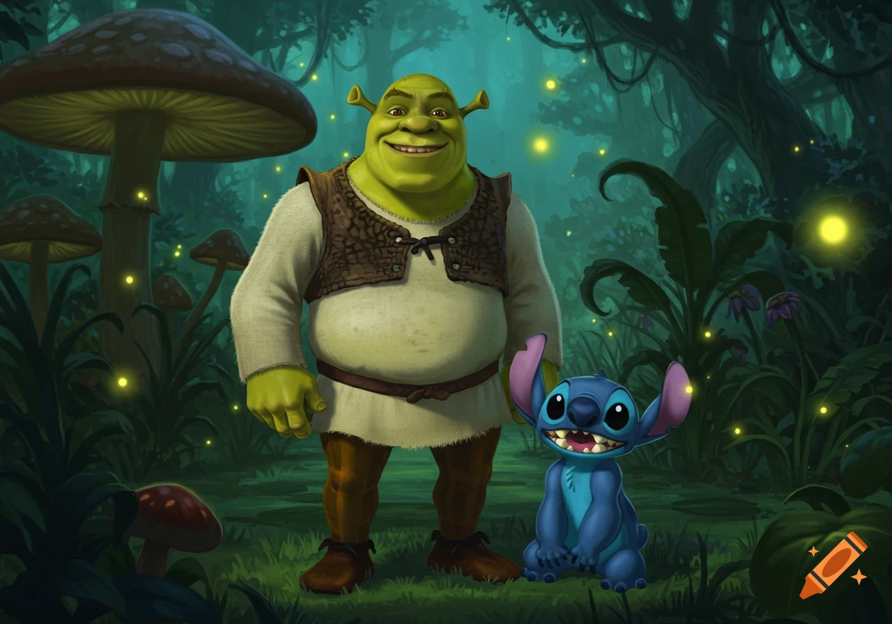 Shrek stands smiling next to a sitting Stitch in a dark, glowing forest with large mushrooms and fireflies.