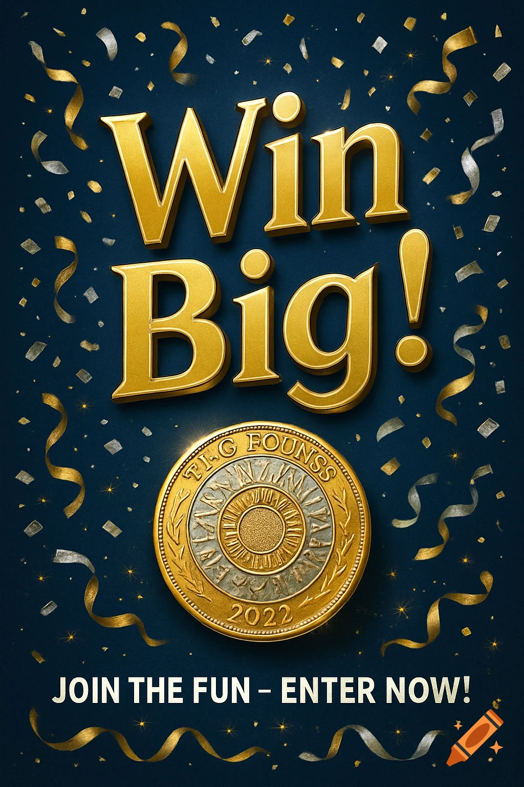 A blue advertisement poster with golden "Win Big!" text, a decorative gold and silver coin, and falling confetti.