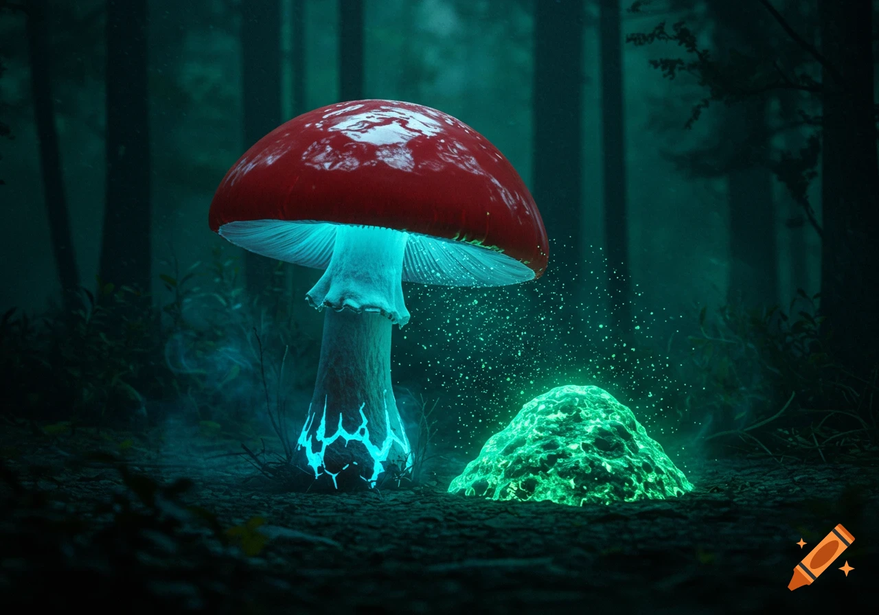 A giant red mushroom with a glowing blue stem and gills stands next to a glowing green mound in a dark, mystical forest.