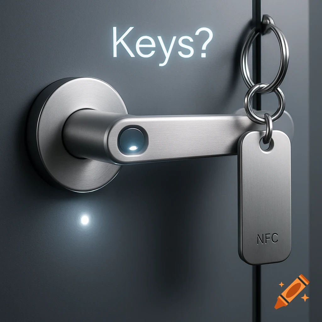 Photorealistic render of a modern smart door handle with a glowing sensor and an NFC tag on a keychain, with the word 'Keys?' floating above.