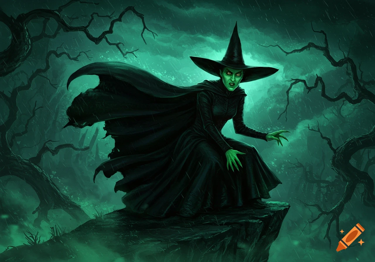 The Wicked Witch of the West in a black gown and pointed hat, with green skin and glowing eyes, perched on a rock in a stormy, eerie green forest.