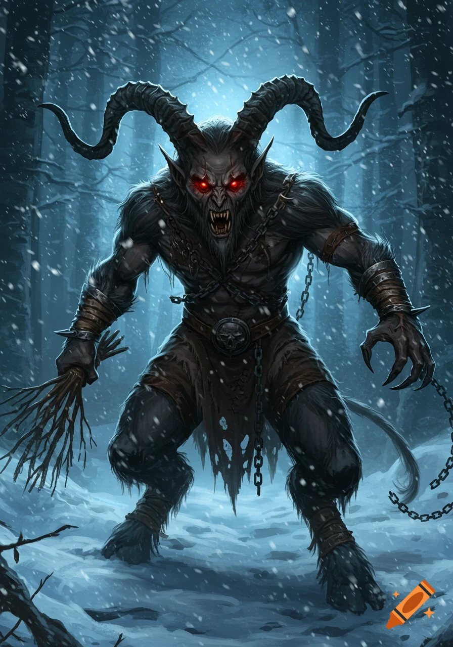 A fearsome Krampus with glowing red eyes and large horns stands in a snowy forest, holding a bundle of sticks.
