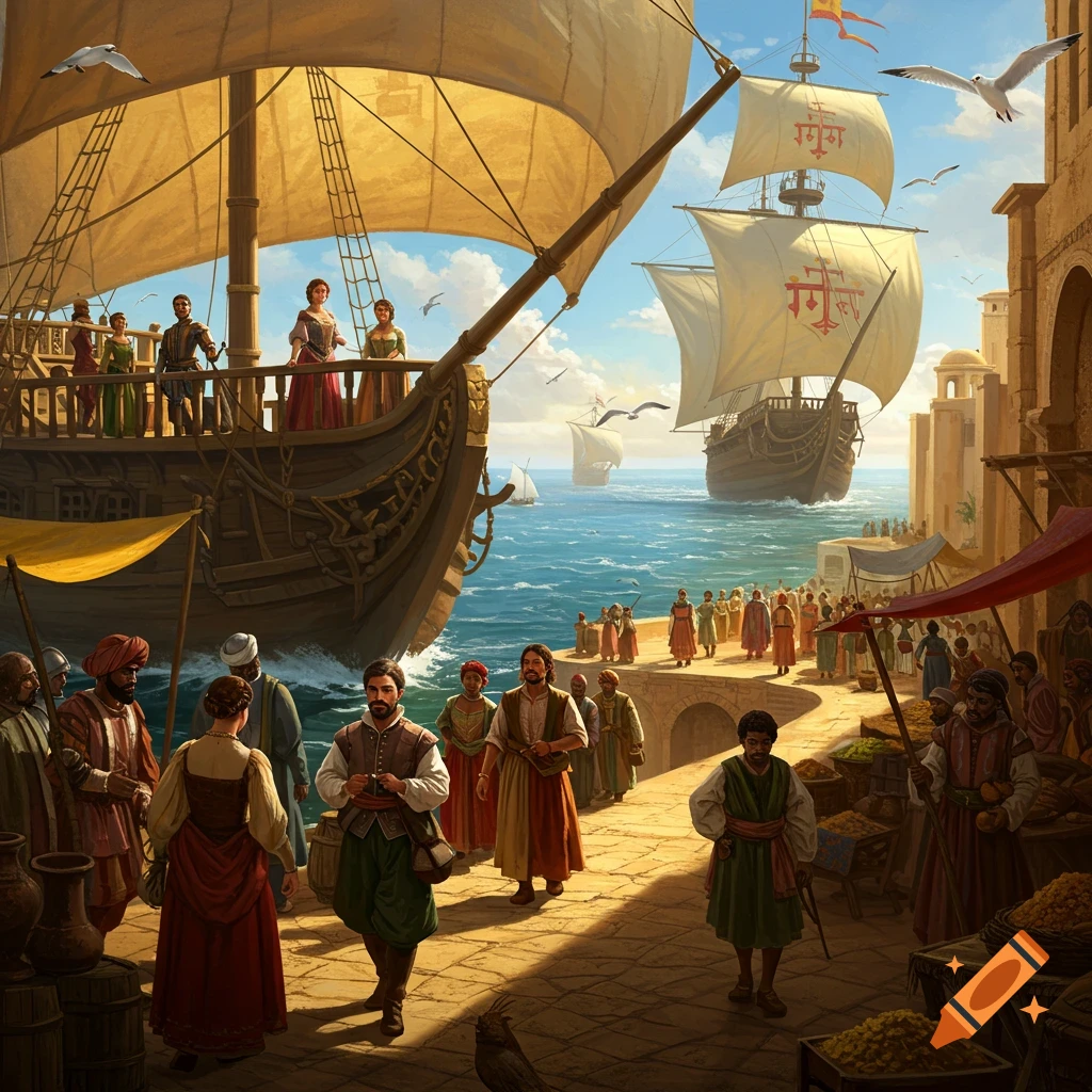 An epic historical painting depicts large Spanish galleons sailing into a busy port, with merchants and people gathered on the sunlit docks.