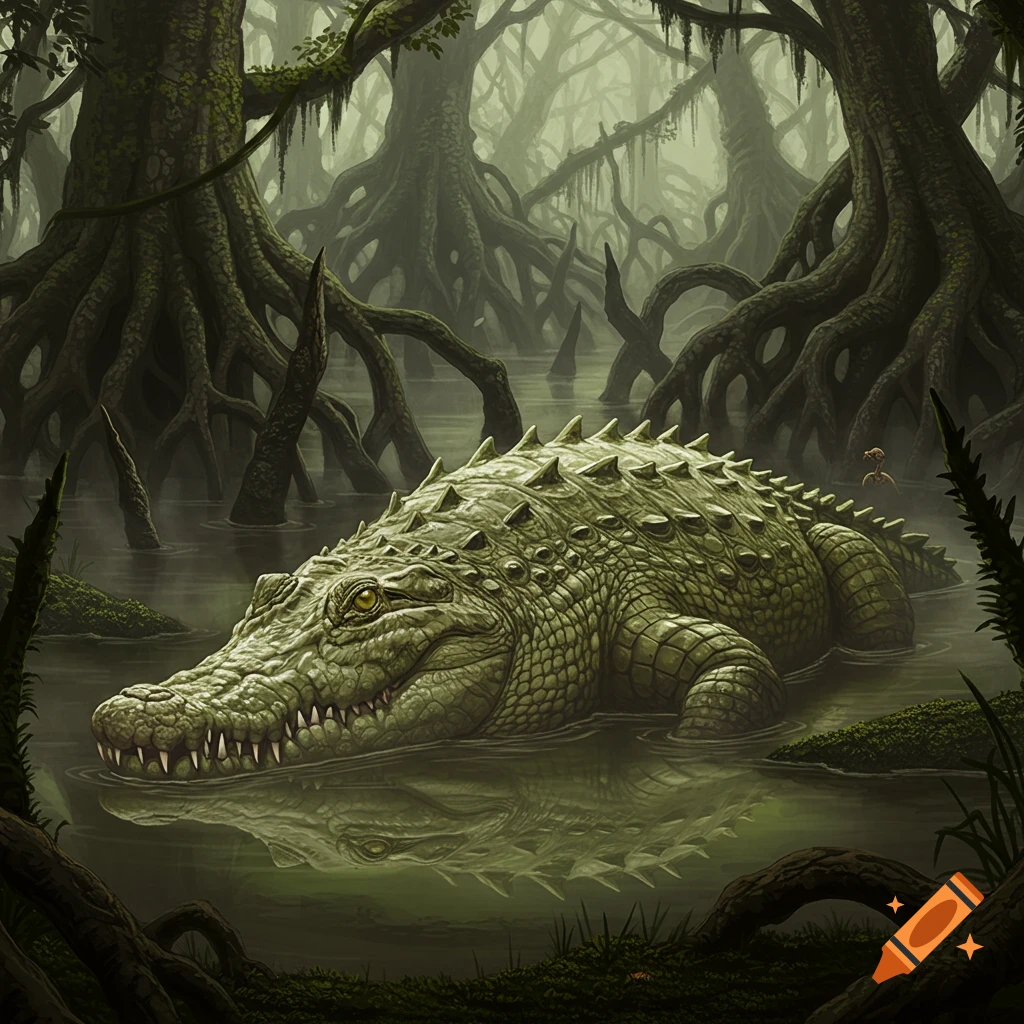 A large, green, scaly crocodile with yellow eyes floats in murky swamp water surrounded by ancient, gnarled tree roots.