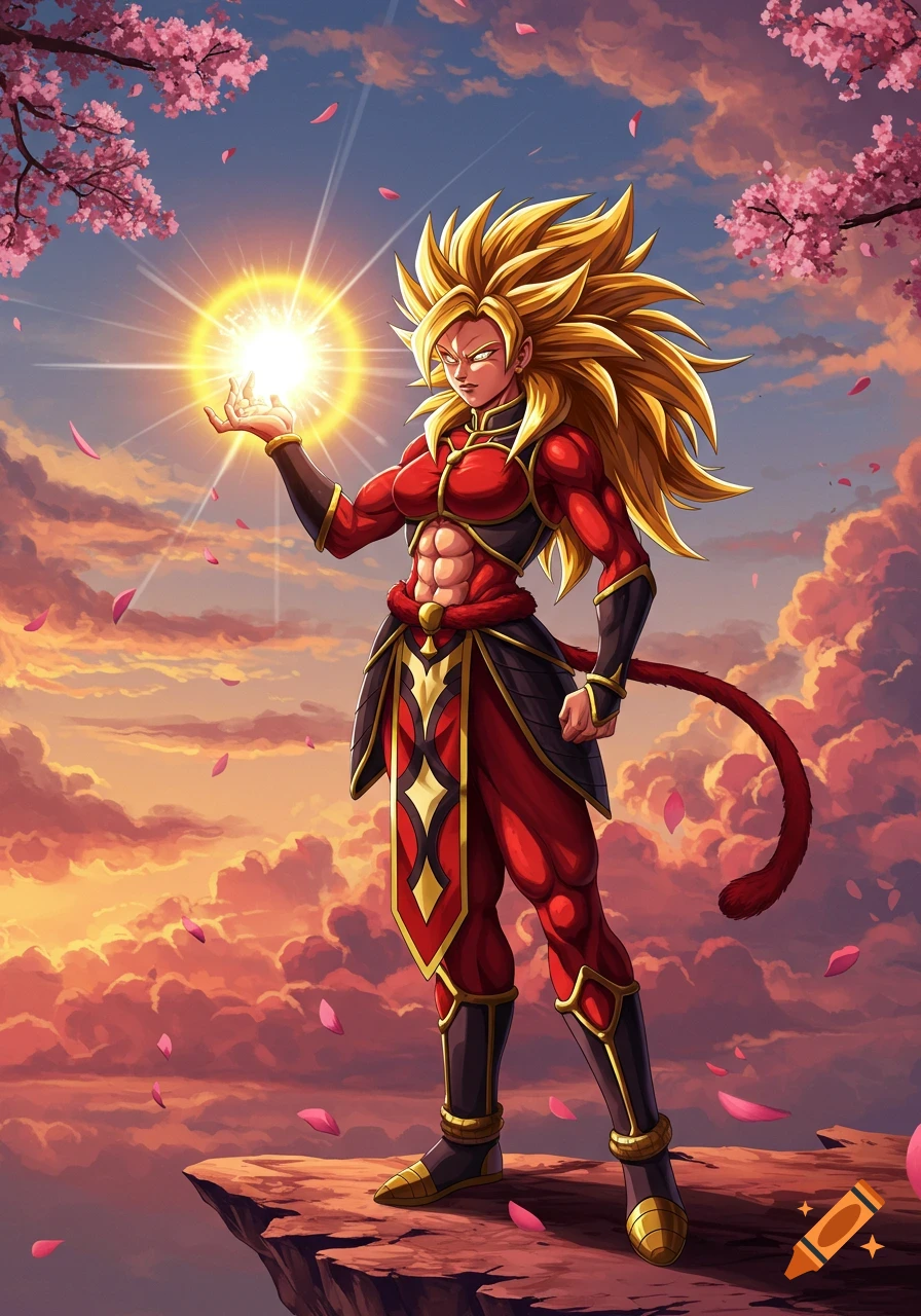 An anime-style female character with spiky golden hair and a red outfit stands on a cliff, holding a glowing energy orb at sunset amidst falling cherry blossoms.