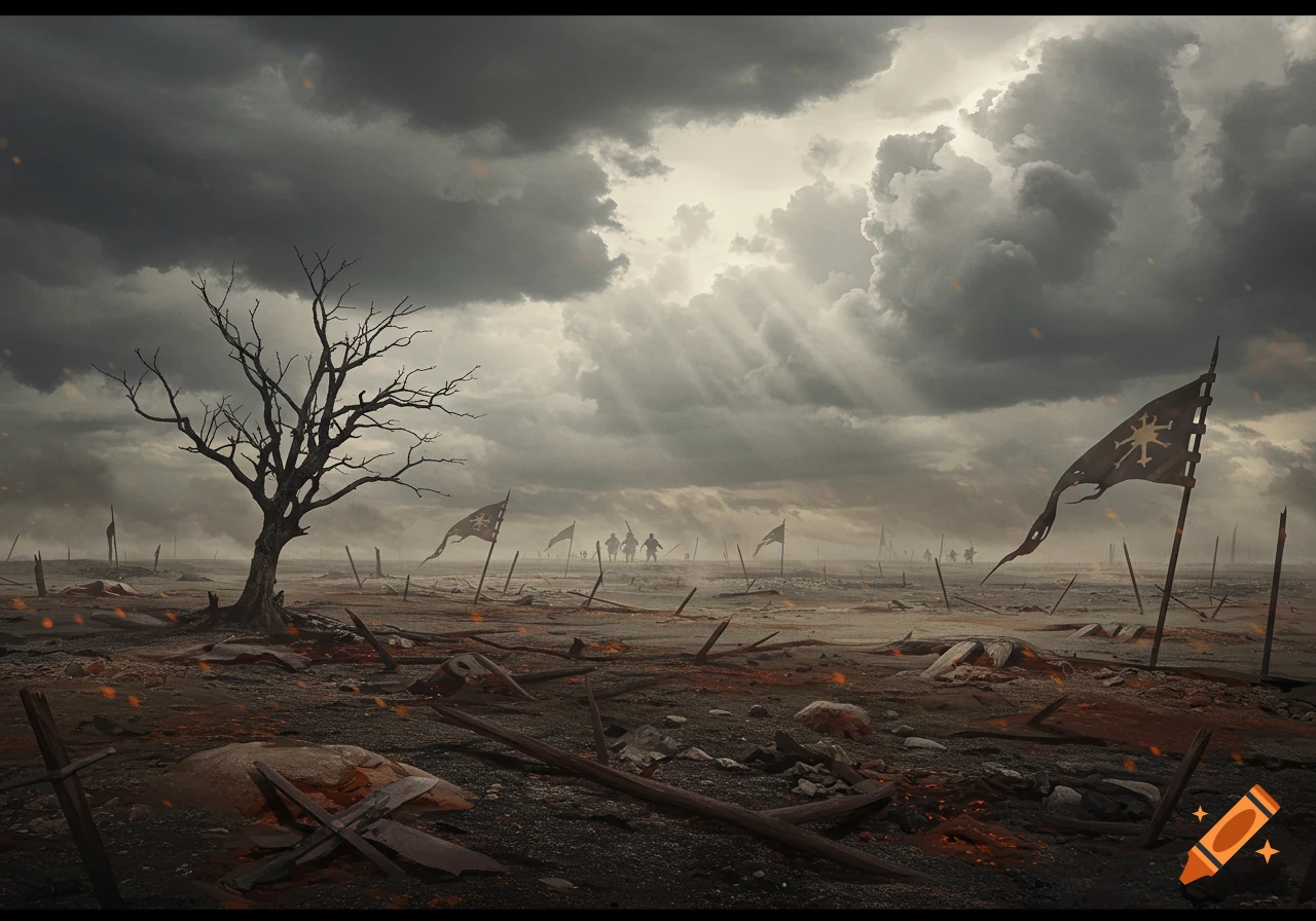 A desolate, war-torn wasteland scene with a bare tree, tattered flags, debris, and distant figures under a stormy sky with sun rays.