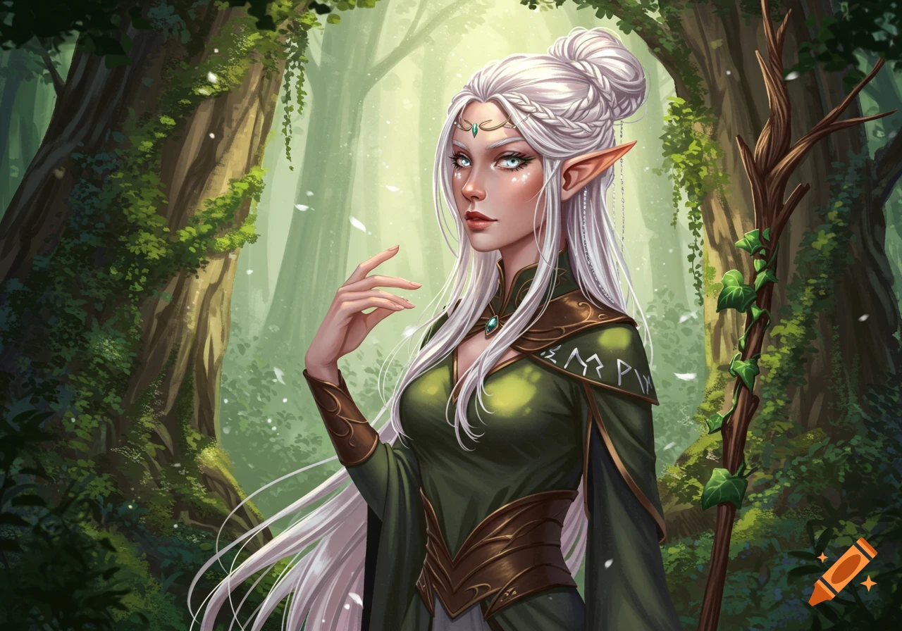 A beautiful fantasy wood elf with long platinum blonde hair and silver eyes, dressed in green druid attire with runic symbols, stands in a magical forest.