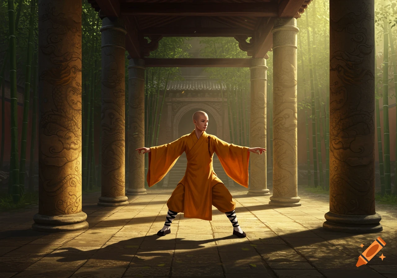 A young monk in an orange robe performs a martial arts stance in a sunlit temple courtyard with carved pillars and a bamboo forest.
