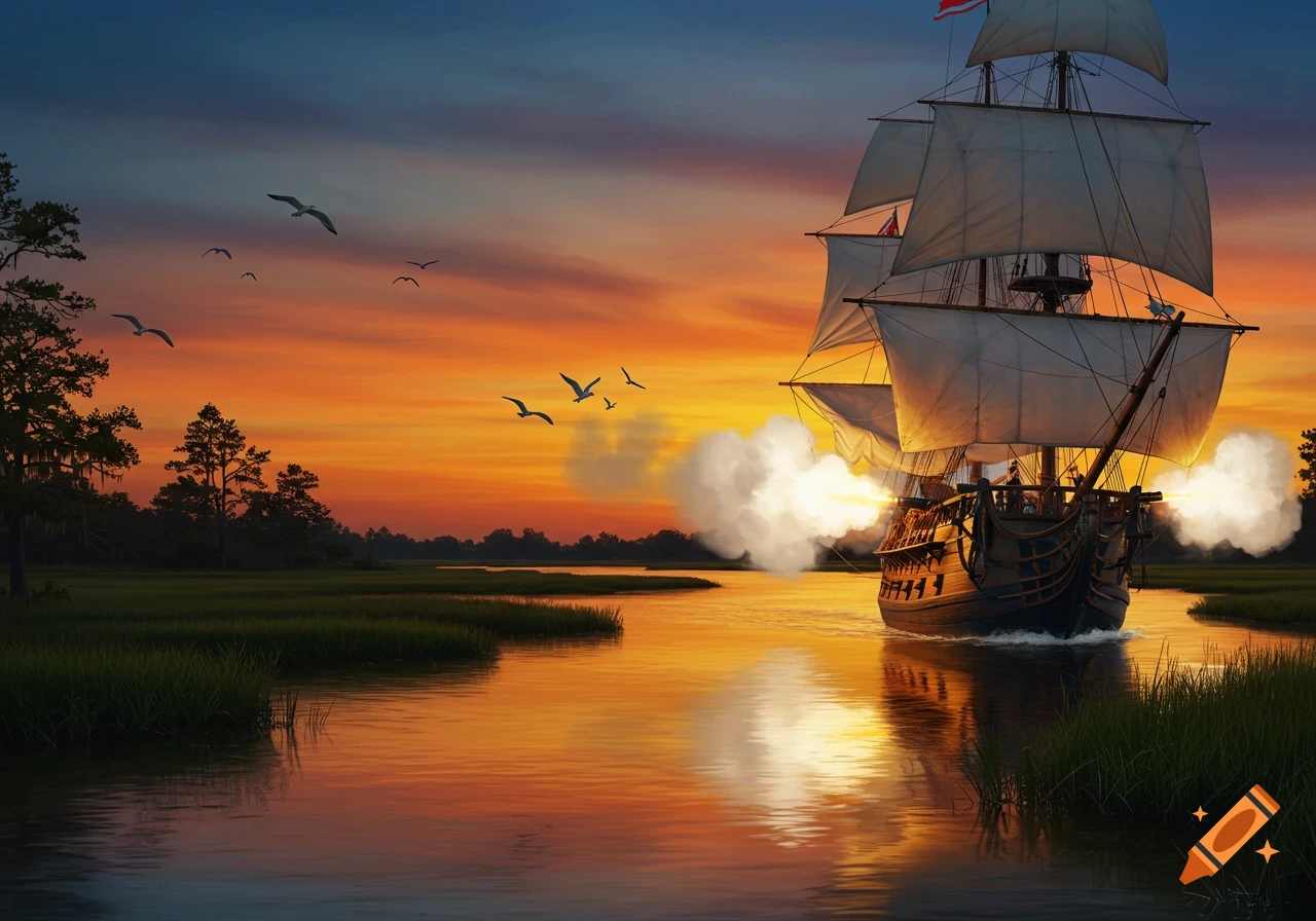 An 18th-century schooner fires cannons while sailing down a river bordered by marshes at a vibrant orange and blue sunset.