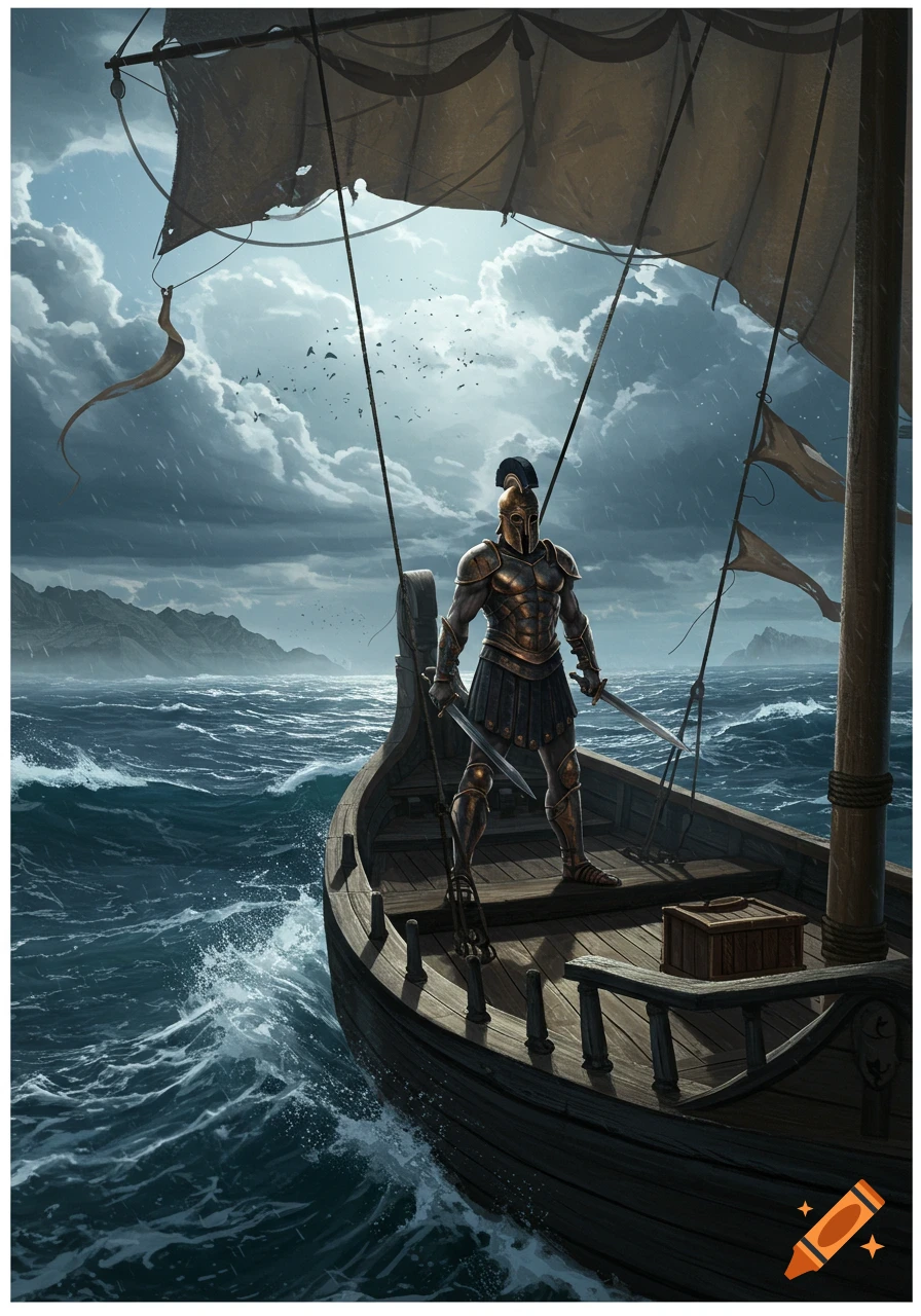 A heavily armored warrior in a Greek-style helmet and armor stands on a wooden sailing ship amidst a stormy, turbulent sea with dark clouds.