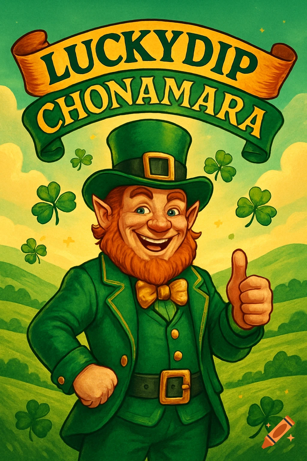 Smiling leprechaun in a green suit and top hat gives a thumbs-up, surrounded by shamrocks, with a banner reading 'LUCKYDIP CHONAMARA'.