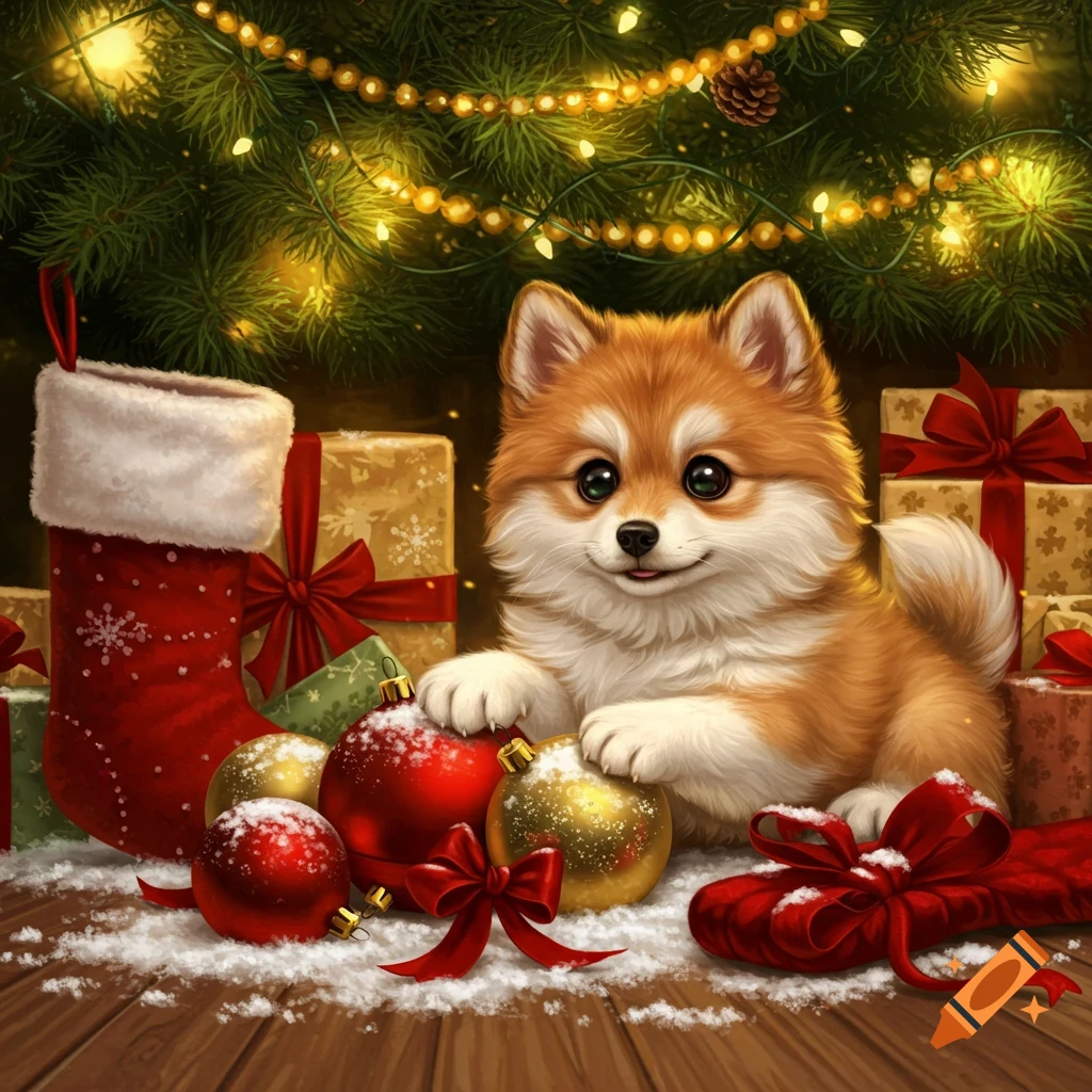 A fluffy light brown and white puppy sits among red and gold Christmas ornaments, wrapped gifts, and a stocking under a lit Christmas tree on a snow-dusted wooden surface.