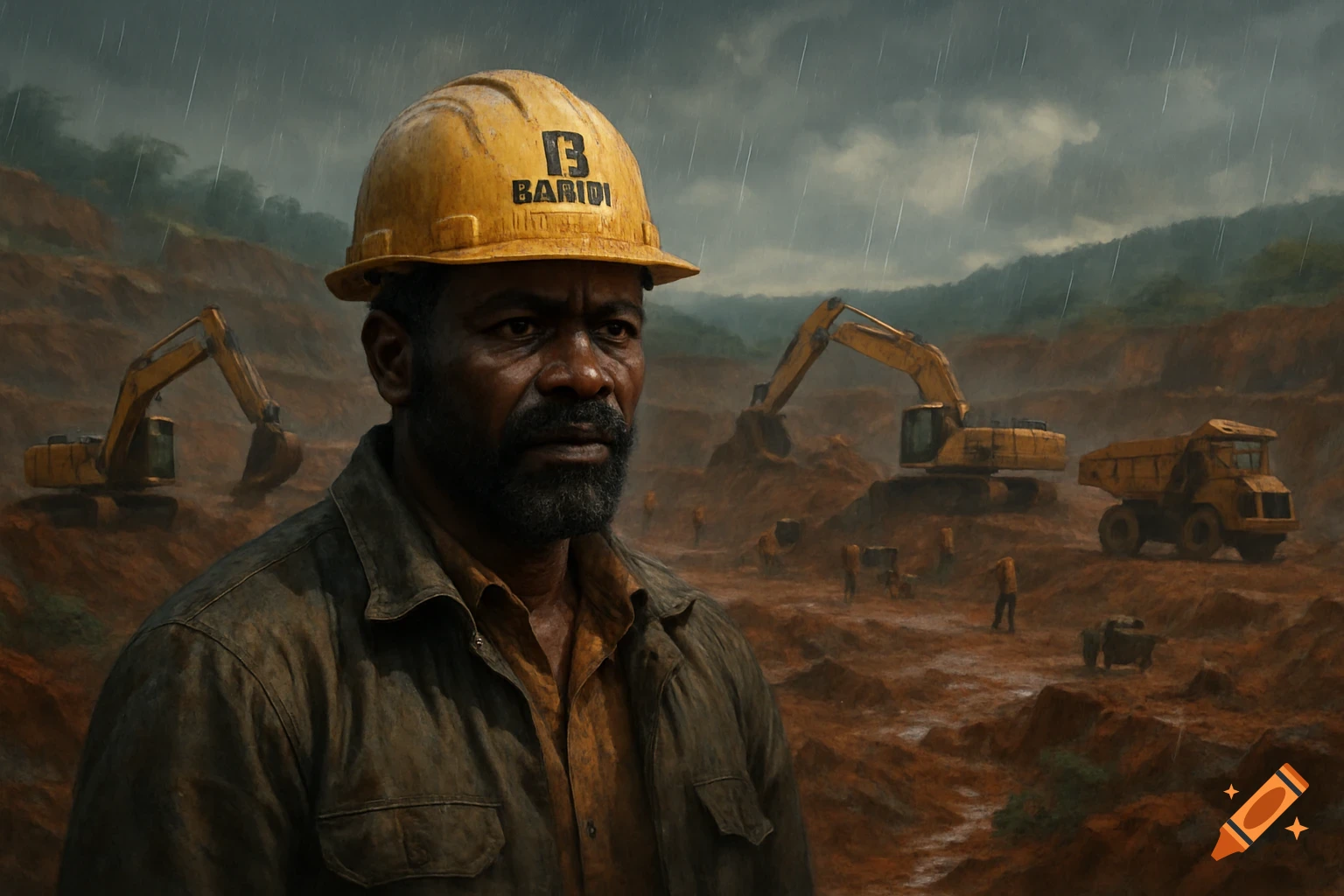 A man in a yellow hard hat and work clothes stands at a rainy open-pit mining site with excavators and a dump truck in the background.