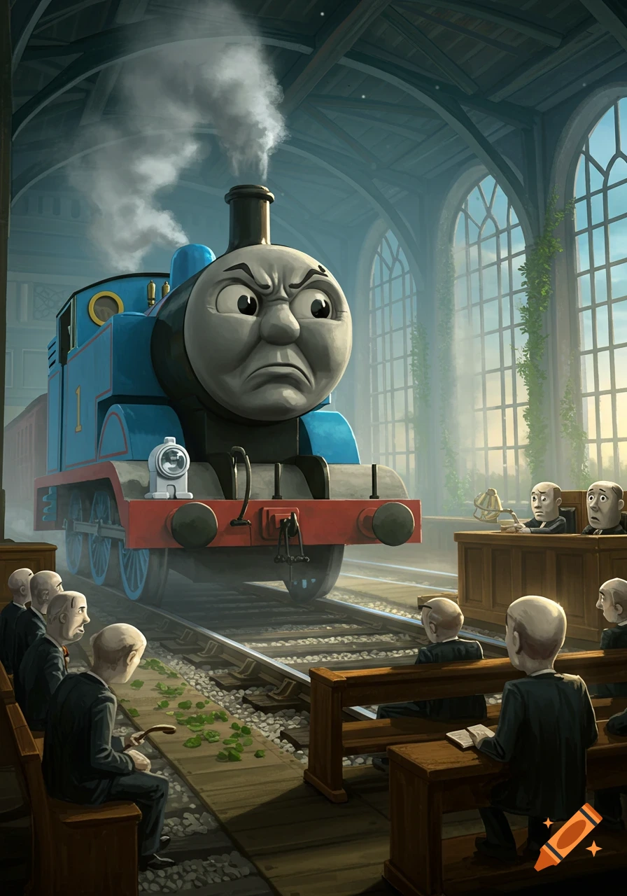 Angry Thomas the Tank Engine confronts bald men in a stylized court within a grand train station.