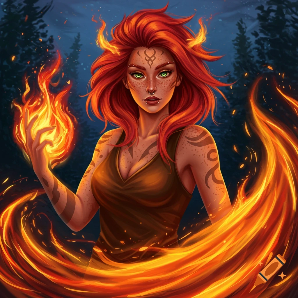 A vibrant fantasy portrait of a red-haired fire sorceress with green ...