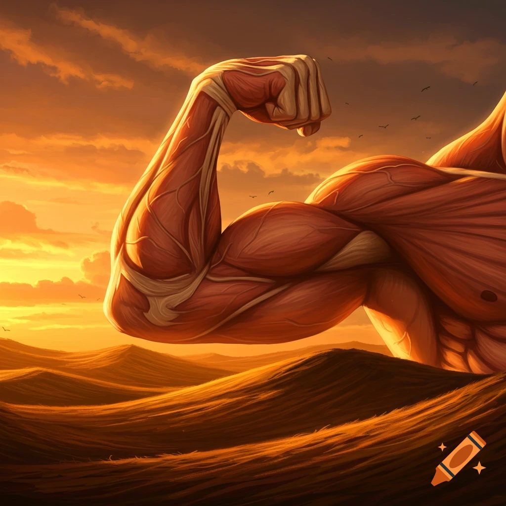 A giant, exposed bicep and shoulder rise above golden hills under a dramatic orange sunset sky.