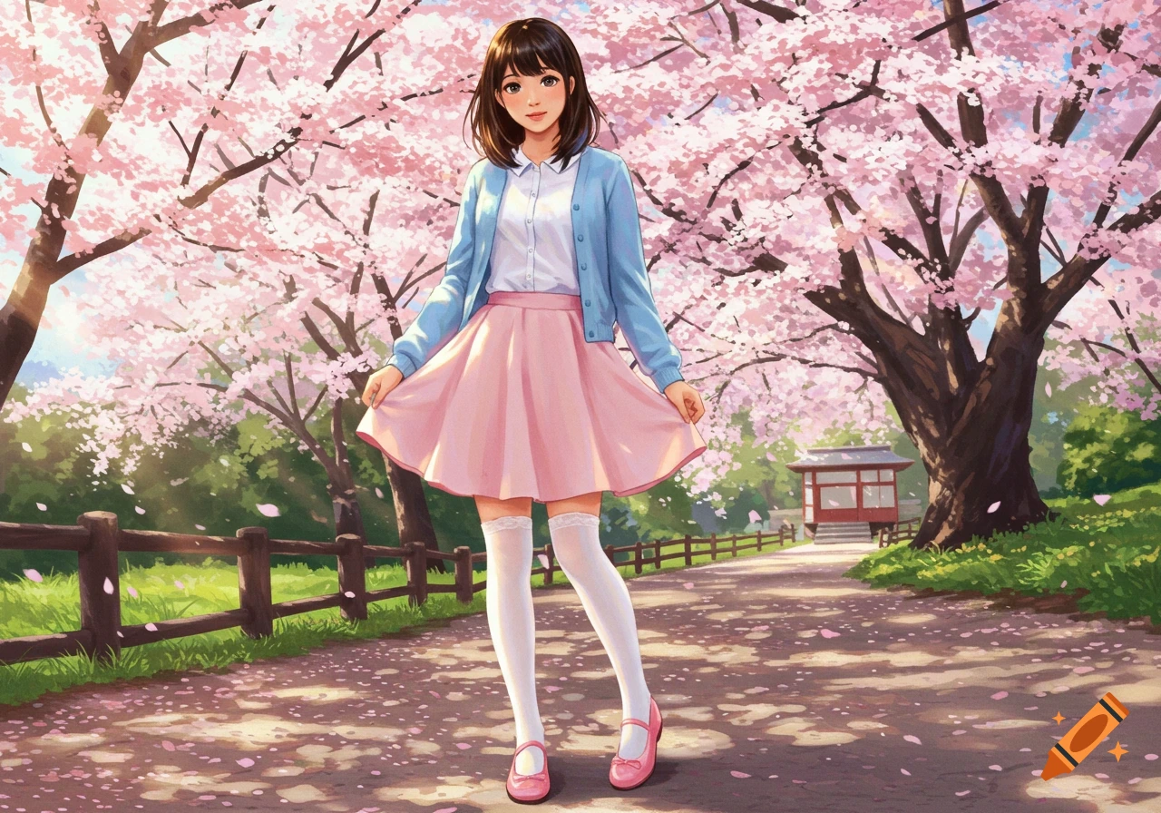 Anime illustration of a young Japanese woman in a blue cardigan, white blouse, pink skirt, white stockings, and pink shoes, standing in a cherry blossom park.