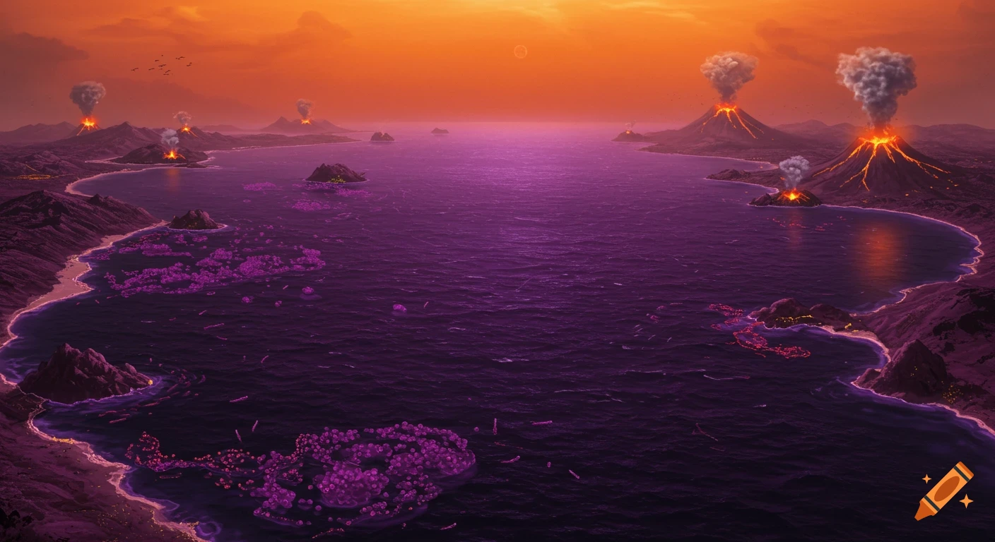 Cinematic illustration of a prehistoric Earth landscape with erupting volcanoes, a vast purple ocean, and an orange, hazy sky.