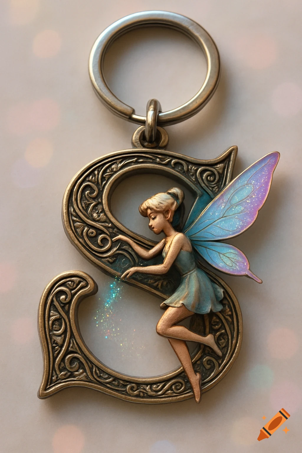 An ornate, antique-style keyring shaped like the letter S, featuring a small fairy with iridescent wings scattering glitter.