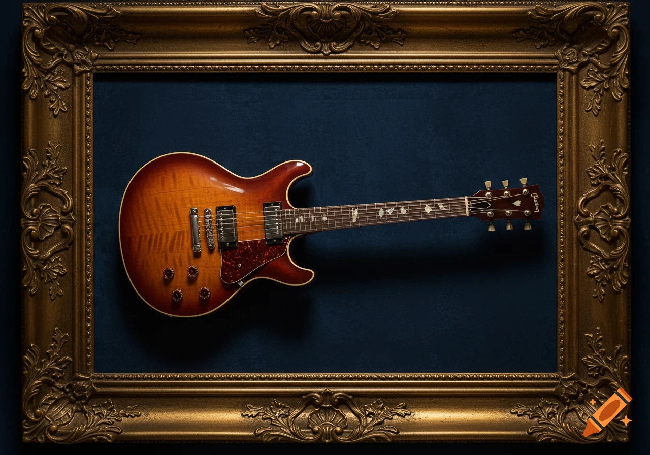 A sunburst electric guitar displayed horizontally against a dark blue background within an ornate gold picture frame.