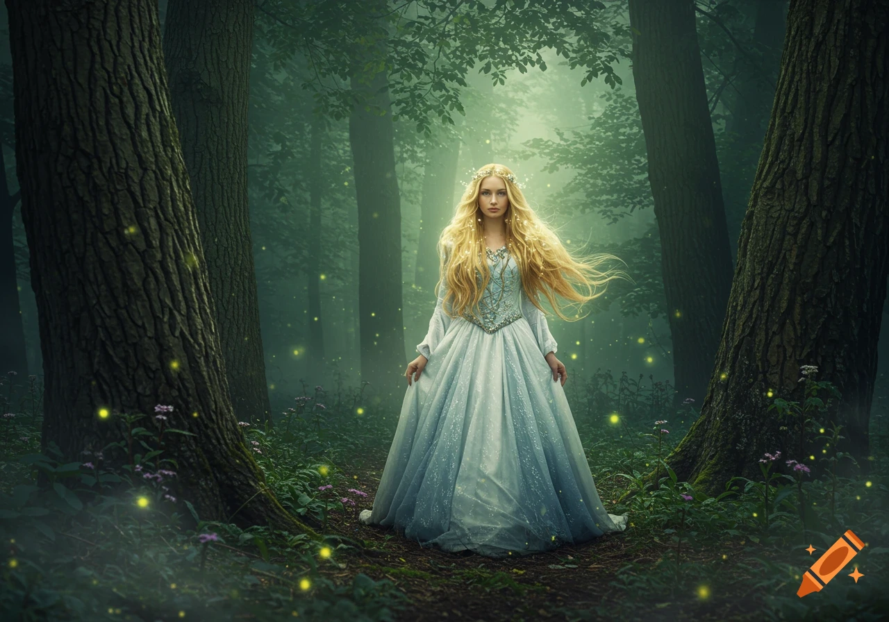 A blonde princess in a light blue gown stands in a misty magical forest with glowing fireflies. Photorealistic.