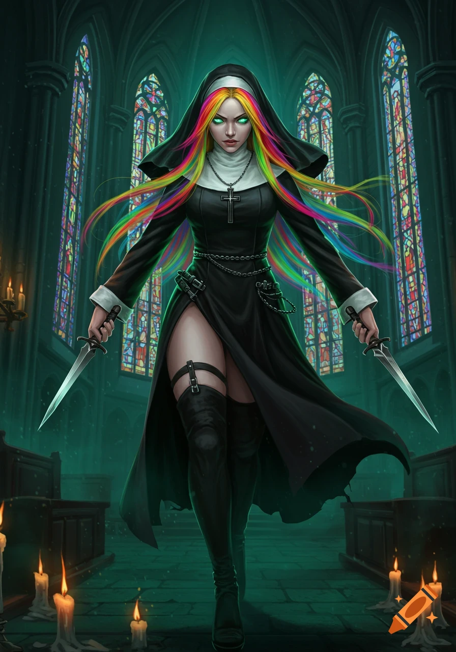 A fantasy digital art piece of an edgy nun with rainbow hair and glowing green eyes, holding daggers in a gothic church.