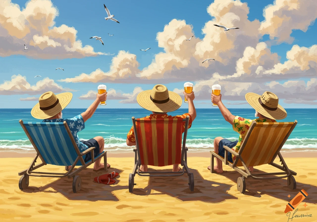 Three stylized men in straw hats sit on beach chairs, raising beer glasses towards the blue ocean and a cloudy sky, with seagulls overhead.