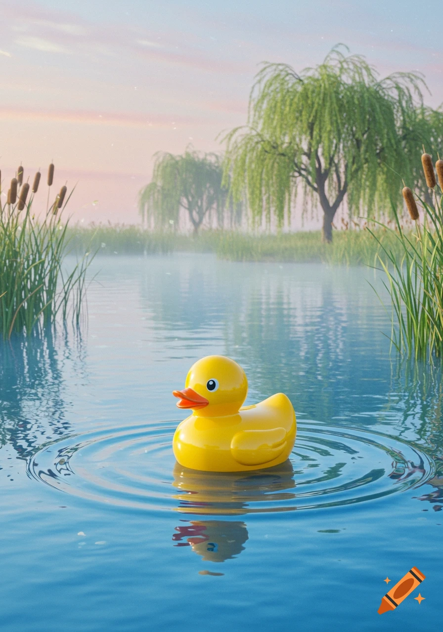 A yellow rubber duck floats in a tranquil pond, creating ripples, with reeds and willow trees in the misty background under a soft sky.