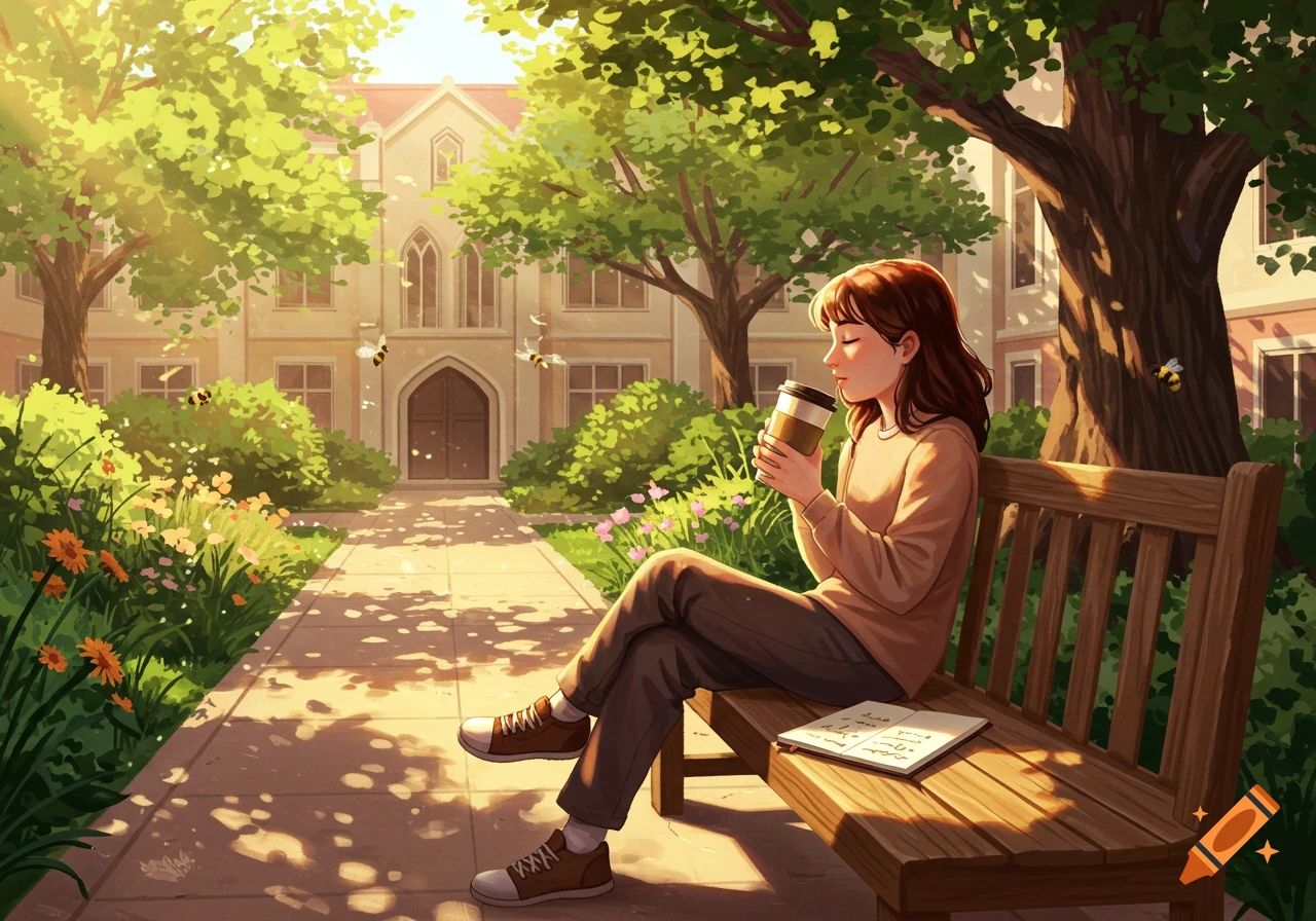 Illustrative image of a young woman sipping coffee on a bench in a sunny university courtyard, with trees, flowers, and bees.